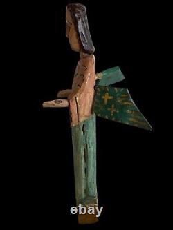 Ange Gardien Rustique Fait Main, Sculpté et Peint, 24 1/2 Pouces de Hauteur, Art Populaire Vintage