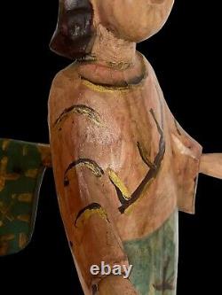 Ange Gardien Rustique Fait Main, Sculpté et Peint, 24 1/2 Pouces de Hauteur, Art Populaire Vintage