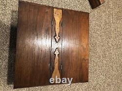 Antique 1800s Folk Art Hand Carved Inlaid Wooden Box With 4 Compartiments- Aafa