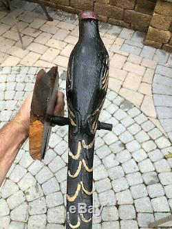 Antique Allemand De Pennsylvanie Sculpté Folk Art Fil Rouge Leg Pic À Tête Blanche Oiseaux