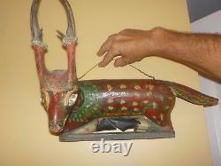 Antique American Folk Art Sculpté & Peint Bois Deer Antlers Yeux De Verre Wesome