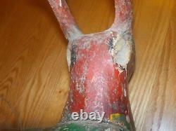 Antique American Folk Art Sculpté & Peint Bois Deer Antlers Yeux De Verre Wesome
