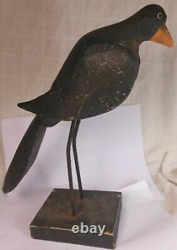 Antique Art Magnifique Folk Sculpté Et Peint Stylisé Corbeau Figure 14 ' ' Long