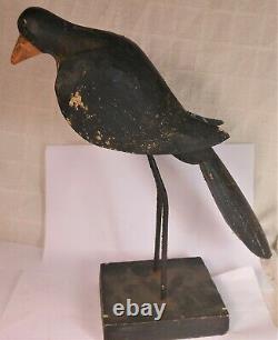 Antique Art Magnifique Folk Sculpté Et Peint Stylisé Corbeau Figure 14 ' ' Long