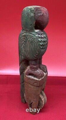 Antique Asiatique Loom Pulley Main Sculptée Perroquet Bird Rare Fait À La Main Folk Art Vieux