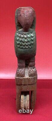 Antique Asiatique Loom Pulley Main Sculptée Perroquet Bird Rare Fait À La Main Folk Art Vieux