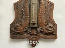 Antique Carved Oak & Brass Thermometer W Dolphins Folk Tramp Art Black Forest
