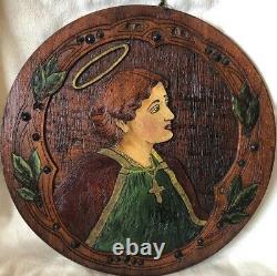 Antique Carved Wood Folk Art Polychrome Mission Américaine Saint Cecilia Religio