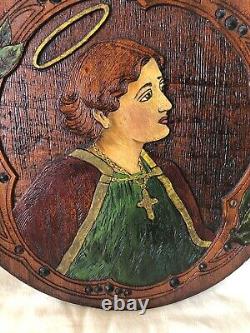 Antique Carved Wood Folk Art Polychrome Mission Américaine Saint Cecilia Religio