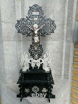 Antique Debout Tramp En Bois Sculpté Art Populaire Anges Crucifix Métal Jésus Corpus