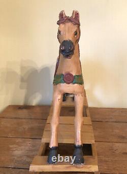 Antique Des Années 1900 À La Main De Buoden Carved Folk Art Rocking Horse Reel Horse Hair Tail