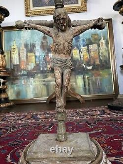 Antique Espagnol Colonial Bois Sculpté Antique Santos Crucifix Mexicain Folk Art