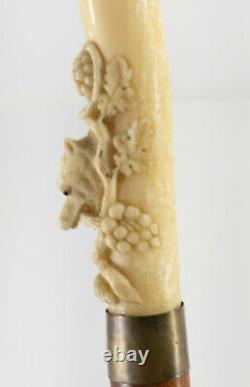 Antique Finement Sculptée De L'art Populaire Canne Bâton De Marche Forêt Noire Loup Raisins