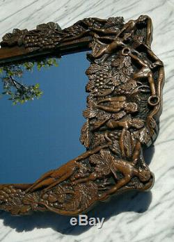 Antique Folk Art Carved Bachique Faun Raisins Miroir 26,5 Par 16