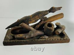 Antique Folk Art Crocodile Alligator Wood Encre Sculptée Well Neat Bois