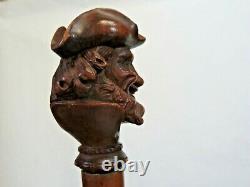 Antique Folk Art Main Sculptée Tête De L'homme Nut Cracker Poignée Canne Vers 1890's