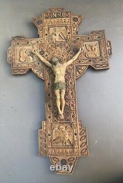Antique Folk Art Sculpté En Bois 24 Inri Crucifix Croix