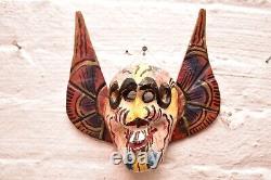 Antique MEXICAIN GUERRERO ART POPULAIRE ANGE EN BOIS SCULPTÉ Crâne Masque du Jour des Morts