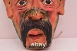 Antique MEXICAIN GUERRERO ART POPULAIRE MASQUE DE DANSE EN BOIS SCULPTÉ HOMME AVEC MOUSTACHE VTG