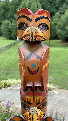 Antique Magnifique / Vintage Sculpté Et Peint Pôle Folk Art Totem 30 Wyoming