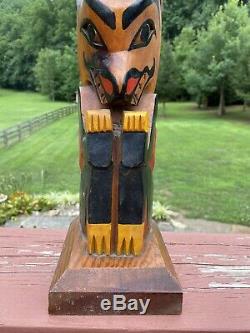 Antique Magnifique / Vintage Sculpté Et Peint Pôle Folk Art Totem 30 Wyoming