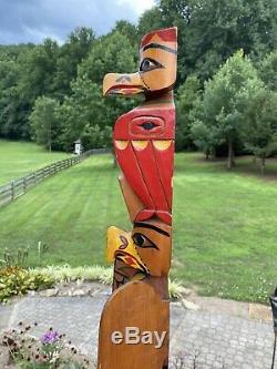 Antique Magnifique / Vintage Sculpté Et Peint Pôle Folk Art Totem 30 Wyoming