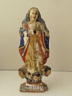 Antique Mexicaine Maria Santo Figure Main Sculpté Peinture Originale 9 3/4 T 19e C