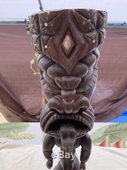 Antique Polynésien Tiki Sculpté À La Main En Bois Statue Dieu Folk Art Wow