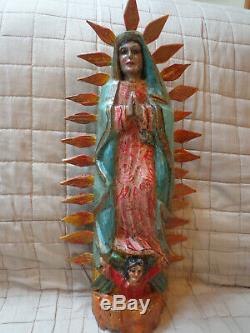 Antique / Vintage Folk Art Bois Sculpté Notre-dame De Guadalupe Statue
