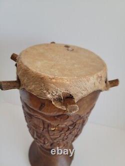 Antique Vintage Main Sculptée Peg Animal Peau Bois Bongo Drum African Folk Art