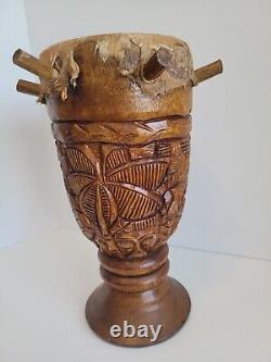 Antique Vintage Main Sculptée Peg Animal Peau Bois Bongo Drum African Folk Art