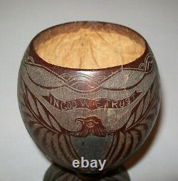 Antique Vtg 19th C 1800s Folk Art Sculpté Coconut Cup American Eagle God We Trust