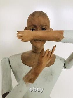 Antique Vtg Folk Art Santo Robe En Bois Sculpté À La Main Forme Mannequin Verre Eye Doll