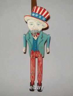 Antique vintage des années 1930, figure articulée en bois sculpté d’art populaire représentant l’Oncle Sam dansant, jigger