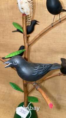 Arbre De La Chouette D'oiseau Folk Art Avec Crows Sculpté Et Signé Par Manfred Scheel Oiseaux En Bois