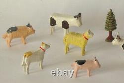 Arche de Noé en bois antique avec animaux sculptés Erzgebirge Allemagne Art populaire des fêtes