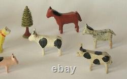 Arche de Noé en bois antique avec animaux sculptés Erzgebirge Allemagne Art populaire des fêtes