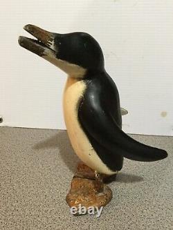 Art Populaire En Bois Antique Sculpté Et Peint Pingouin Primitif 10 1/2