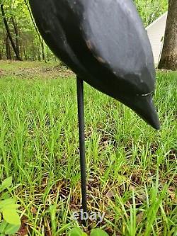 Art Populaire Fabuleux Grand Oiseau Noir Corbeau en Bois Sculpté à la Main Vintage Lourd