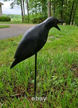 Art Populaire Fabuleux Grand Oiseau Noir Corbeau en Bois Sculpté à la Main Vintage Lourd