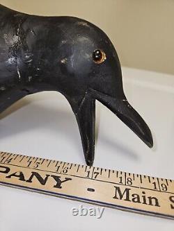 Art Populaire Fabuleux Grand Oiseau Noir Corbeau en Bois Sculpté à la Main Vintage Lourd