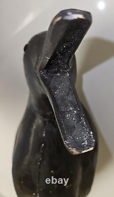 Art Populaire Fabuleux Grand Oiseau Noir Corbeau en Bois Sculpté à la Main Vintage Lourd