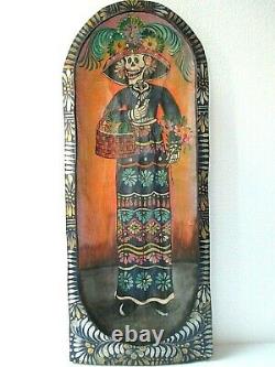 Art Populaire Mexicain Bois Sculpté Batea Dough Bowl Catrina Day Of Dead 24