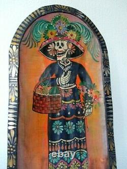 Art Populaire Mexicain Bois Sculpté Batea Dough Bowl Catrina Day Of Dead 24