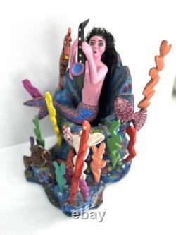 Art Populaire Mexicain : Sirène avec Saxophone Sculptée à la Main, Peinte et Signée