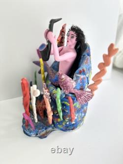 Art Populaire Mexicain : Sirène avec Saxophone Sculptée à la Main, Peinte et Signée