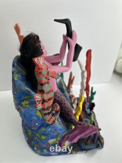 Art Populaire Mexicain : Sirène avec Saxophone Sculptée à la Main, Peinte et Signée