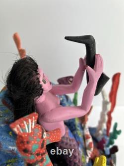 Art Populaire Mexicain : Sirène avec Saxophone Sculptée à la Main, Peinte et Signée