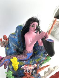 Art Populaire Mexicain : Sirène avec Saxophone Sculptée à la Main, Peinte et Signée