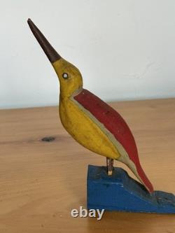 Art Populaire Oiseau de Rivage Grandes Couleurs Rouge Jaune Bleu Sculpté à la Main Pose Forte Agréable